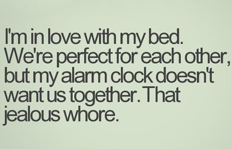 Funny sign about sleeping - I'm in love with my bed. We're perfect for each other, but my alarm clock doesn't want us together. That Jealous whore.