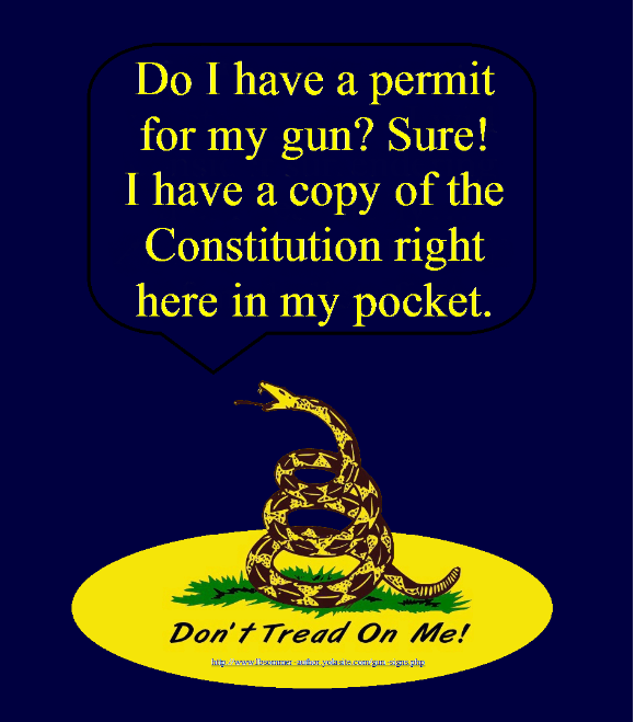 Funny dont tread on me sign - Do I have a permit for my gun? Sure, I have a copy of the Constitution right here in my pocket. http://www.lbsommer-author.yolasite.com/gun-signs.php