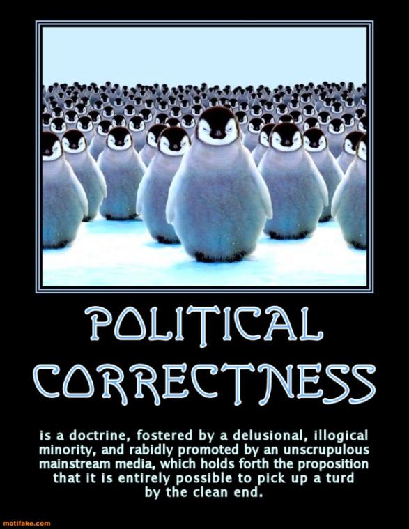 Ploicial Correctness is a doctrine fostered by a delusional, illogical minority, and rapidly promoted by an unscrupulous mainstream media, which holds forth the proposition that it is entirely possible to pick up a turd by the clean end.
