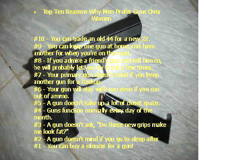 Hilarious gun sign: Top ten reasons men prefer guns over women. http://www.lbsommer-author.yolasite.com/gun-signs.php