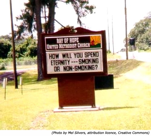 Funny church sign that asks the question, 