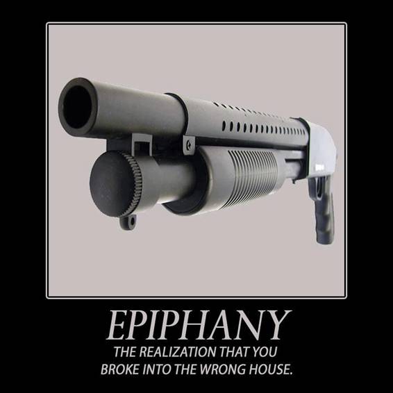 Funny gun sign: Epiphany - The realization that you broke into the wrong house. http://www.lbsommer-author.yolasite.com/gun-signs.php